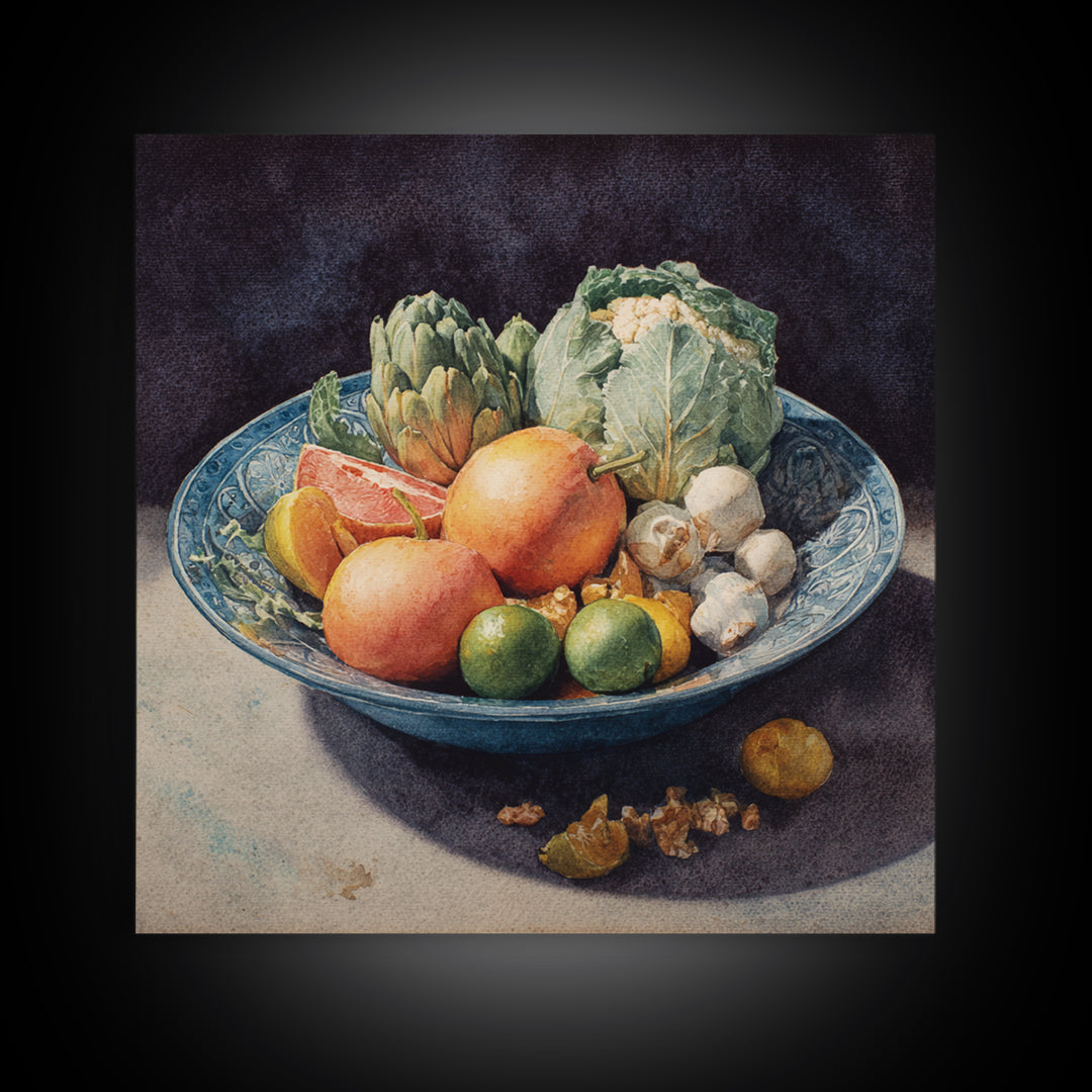 Bright Papaya and Lime Still Life Framed Canvas Print, Tropical Art, Decor, Living Room Decor, Fine Art, Tropic, Bird Art, TRO-1x1-48