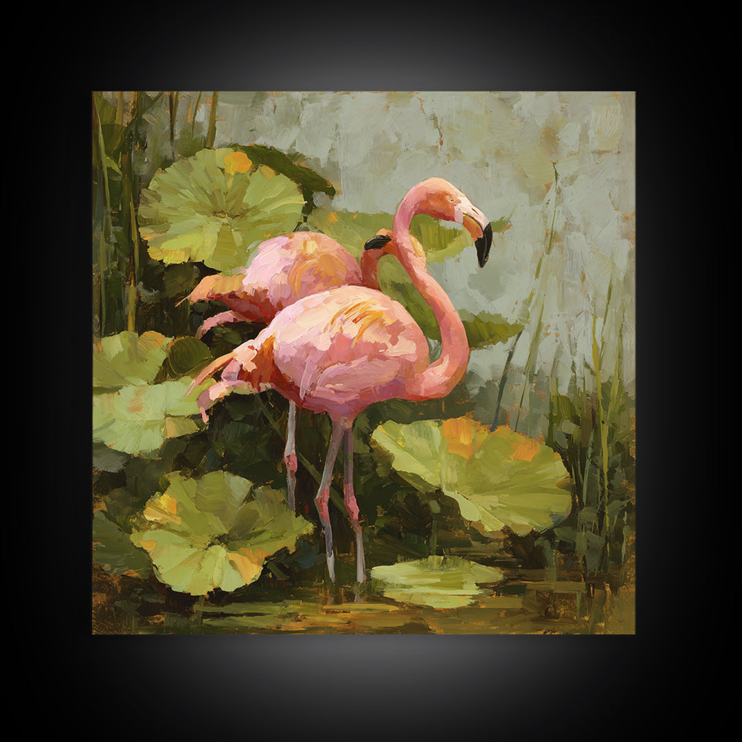 Pink Flamingos Among Tropical Water Plants Canvas Print, Tropical Art, Whimsical Art, Living Room Decor, Fine Art, Tropic, TRO-1x1-50