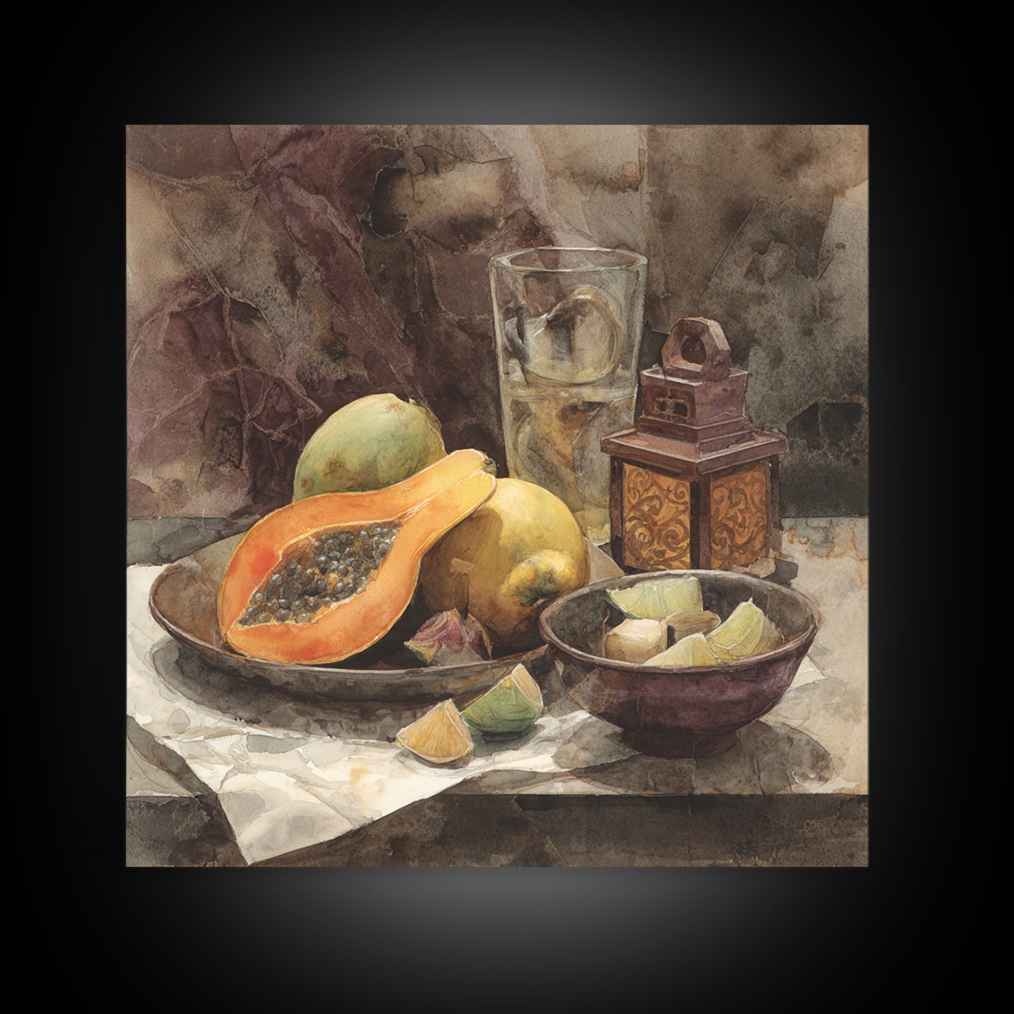 Pineapple and Palm Still Life Canvas Print, Tropical Art, Botanical Art, Living Room Decor, Oil Painting, Tropic, TRO-1x1-54