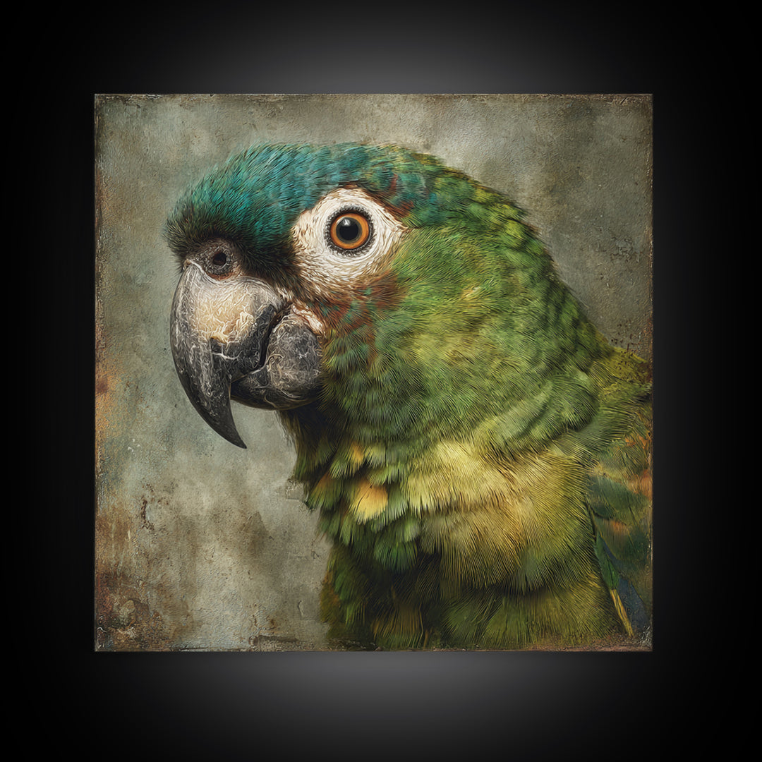 Parrot Portrait with Emerald Feathers Framed Canvas Print, Tropical Art, Digital Print, Living Room Decor, Fine Art, Tropic, TRO-1x1-56