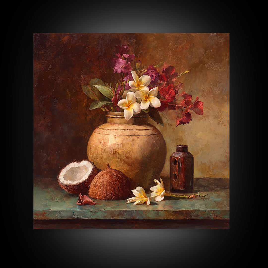 Coconut and Plumeria Still Life Canvas Print, Tropical Art, Coastal Decor, Living Room Decor, Fine Art, Tropic, Modern Decor, TRO-1x1-60
