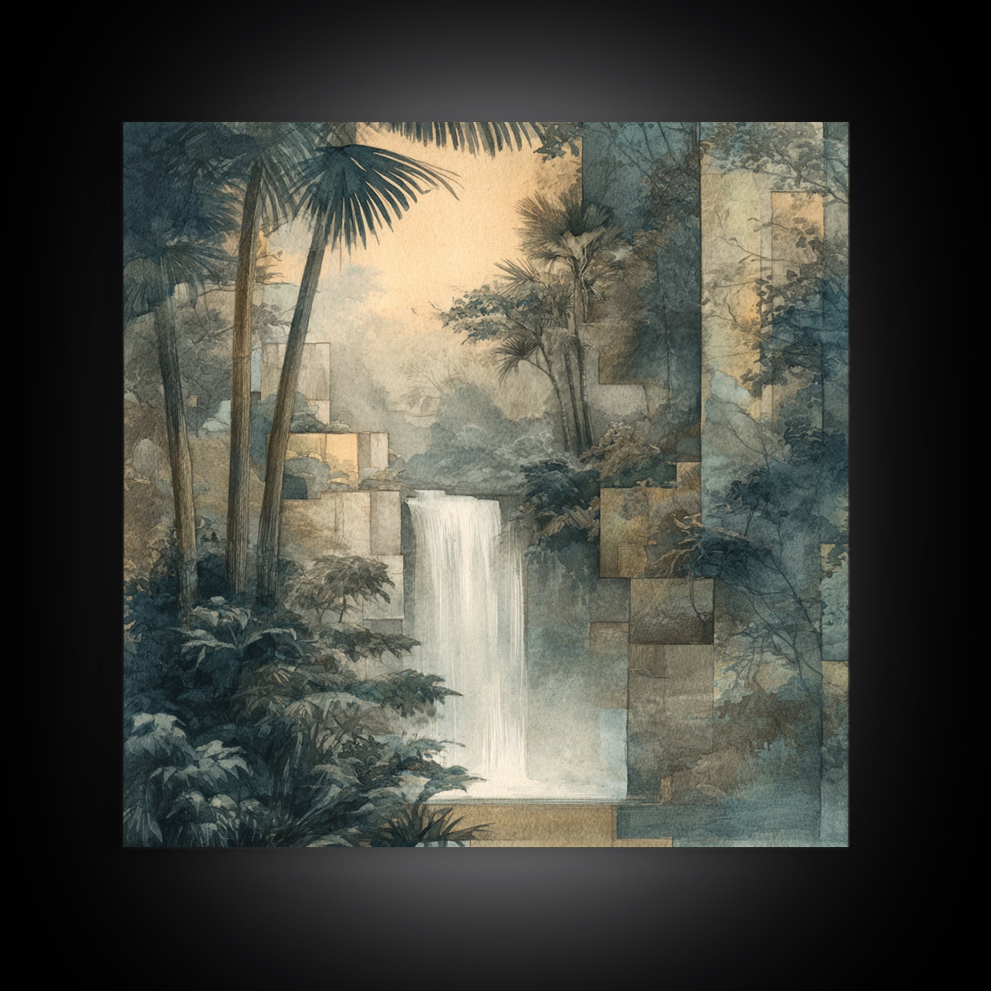 Jungle Waterfall with Misty Light Framed Canvas Print, Tropical Art, Boho Decor, Living Room Decor, Oil Painting, Tropic, TRO-1x1-61