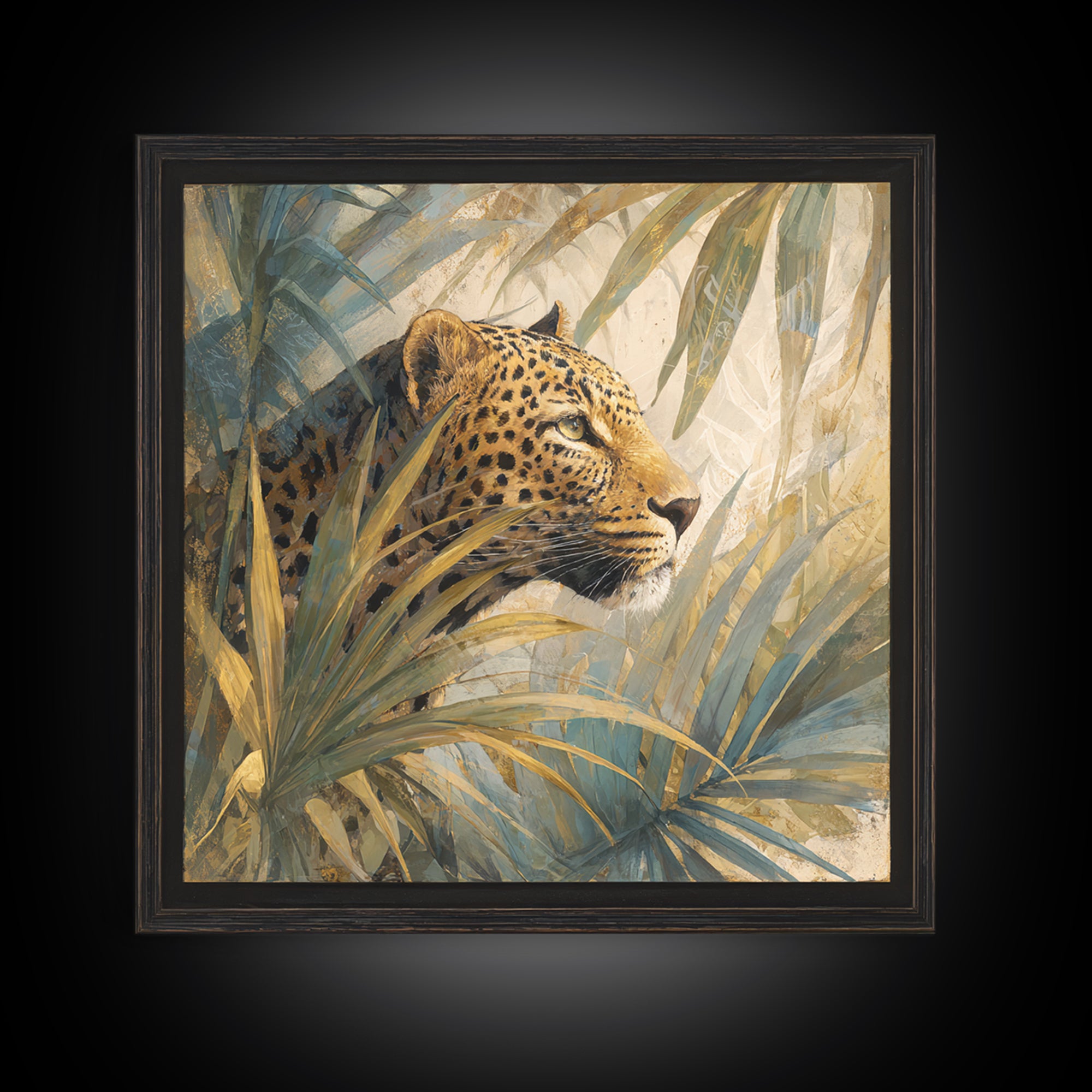 Leopard Hidden Among Palm Leaves Framed Canvas Print, Tropical Art, Gallery Decor, Living Room Decor, Fine Art, Tropic, TRO-1x1-62