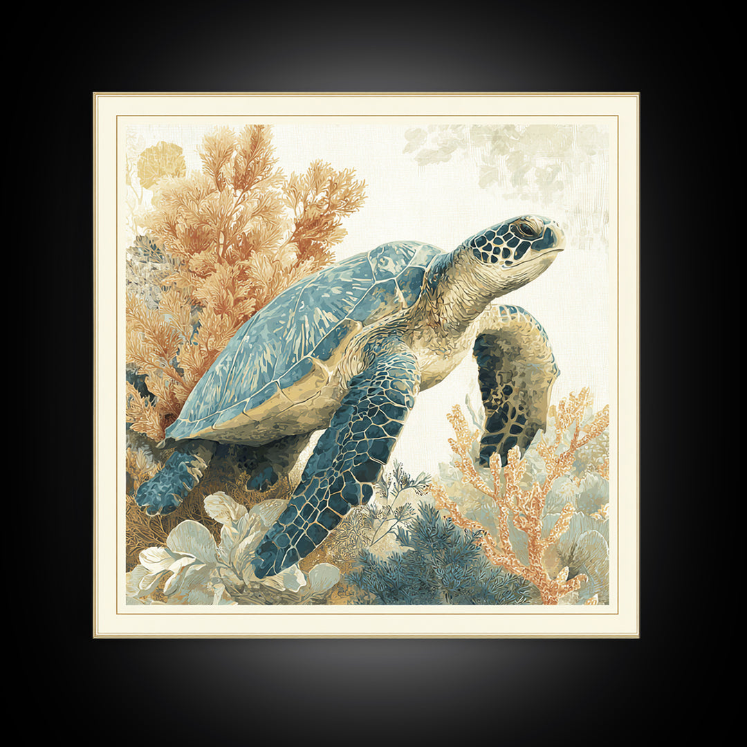 Sea Turtle Near Tropical Reef Framed Canvas Print, Tropical Art, Modern Decor, Living Room Decor, Fine Art, Tropic, Wall Decor, TRO-1x1-67