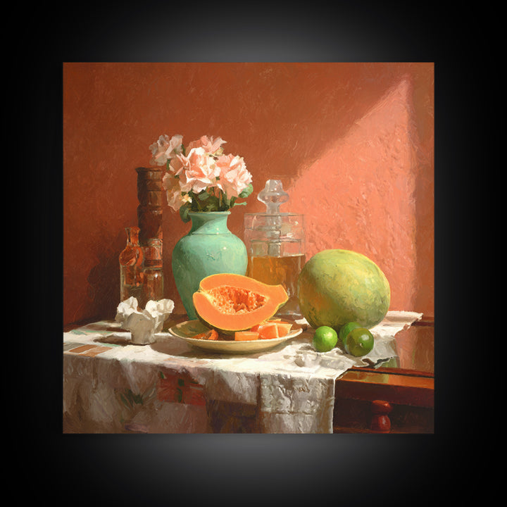 Bright Papaya and Lime Still Life Framed Canvas Print, Tropical Art, Beach Print, Living Room Decor, Abstract Art, Tropic, TRO-1x1-72