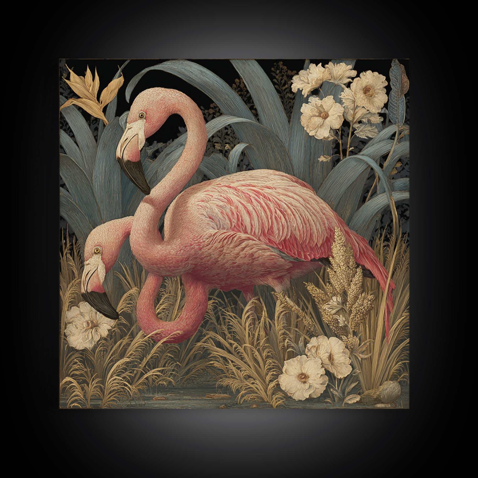 Pink Flamingos Among Tropical Water Plants Framed Canvas Print, Tropical Art, Fine Art Print, Living Room Decor, Tropic, TRO-1x1-74