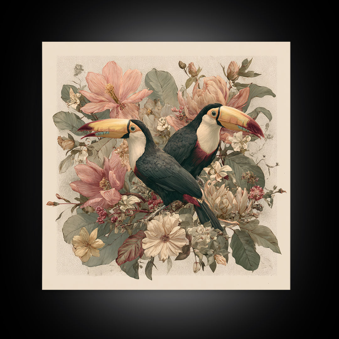 Toucans Surrounded by Bright Jungle Flowers Canvas Print, Tropical Art, Statement Artwork, Living Room Decor, Fine Art, Tropic, TRO-1x1-75