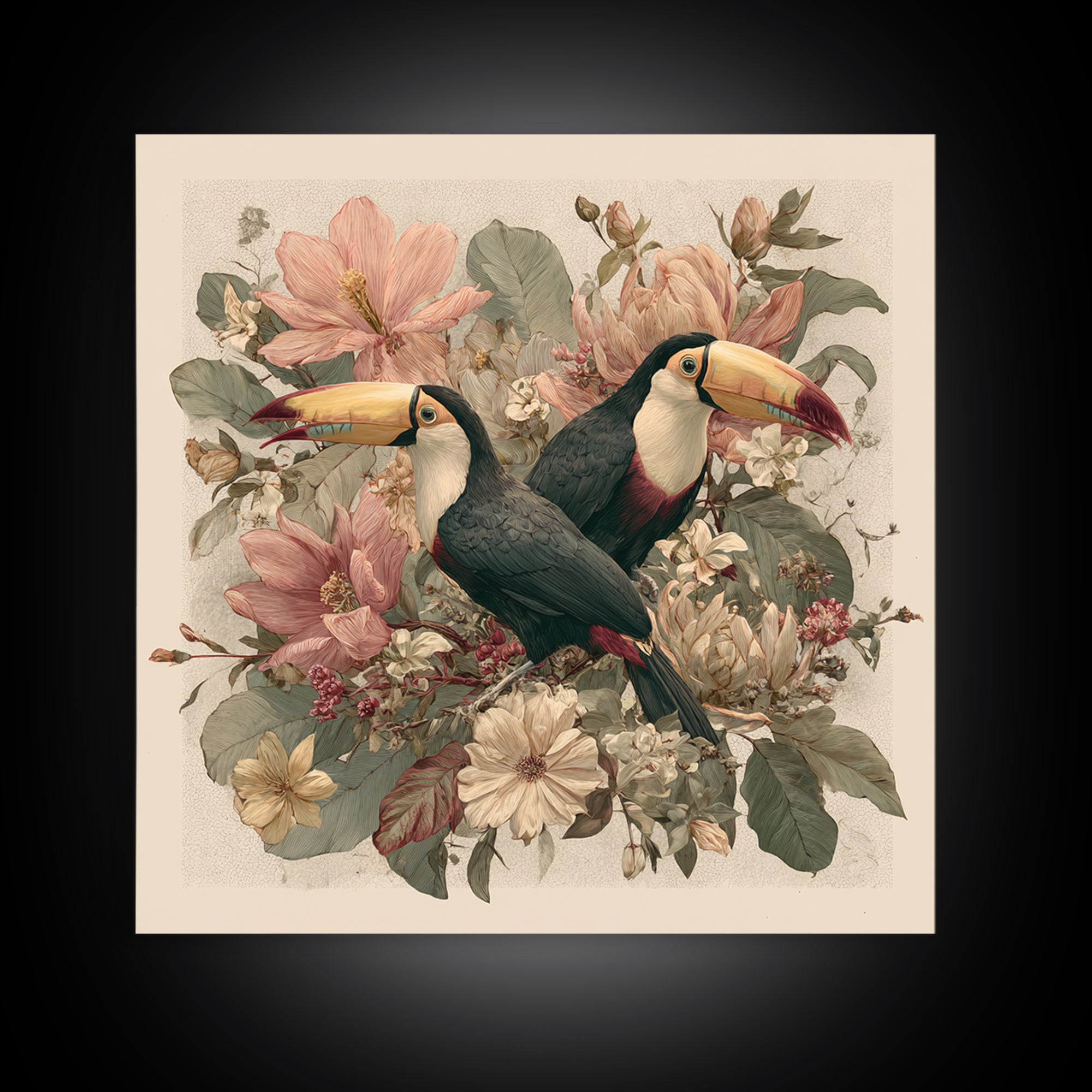 Toucans Surrounded by Bright Jungle Flowers Canvas Print, Tropical Art, Statement Artwork, Living Room Decor, Fine Art, Tropic, TRO-1x1-75