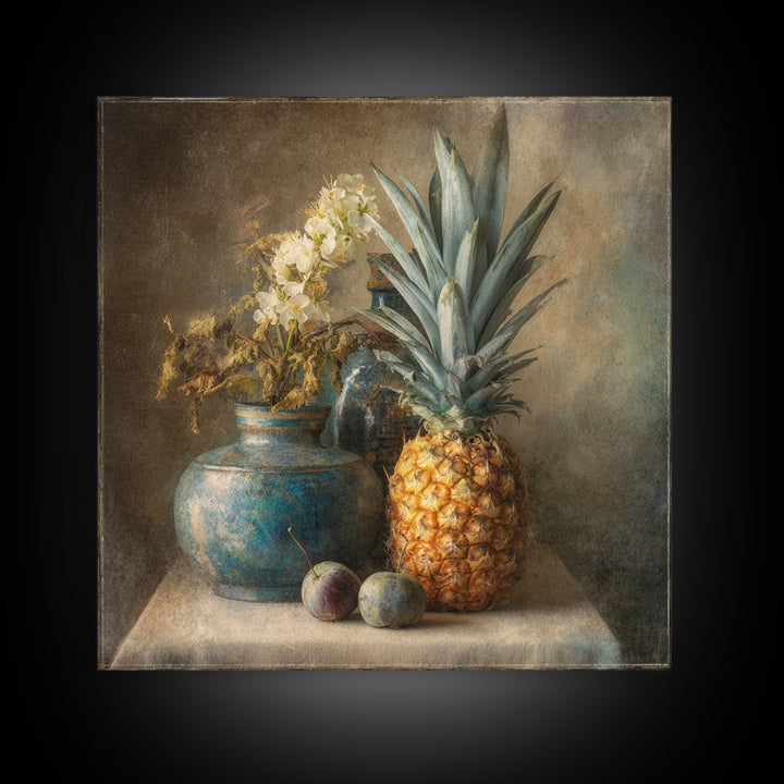 Pineapple and Palm Still Life Framed Canvas Print, Tropical Art, Statement Artwork, Living Room Decor, Fine Art, Tropic, TRO-1x1-78