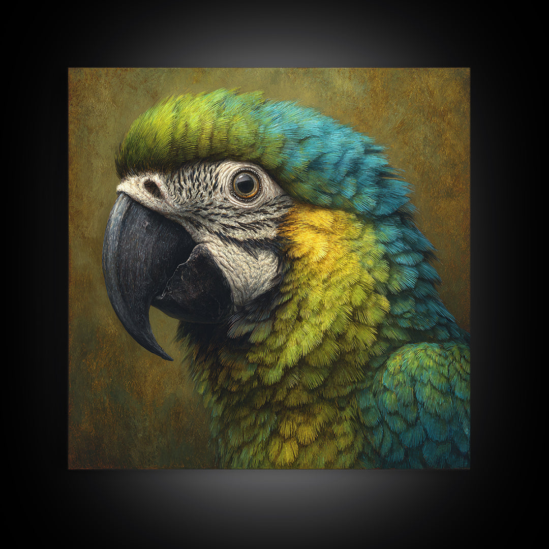 Parrot Portrait with Emerald Feathers Framed Canvas Print, Tropical Art, Printable, Living Room Decor, Fine Art, Tropic, TRO-1x1-8
