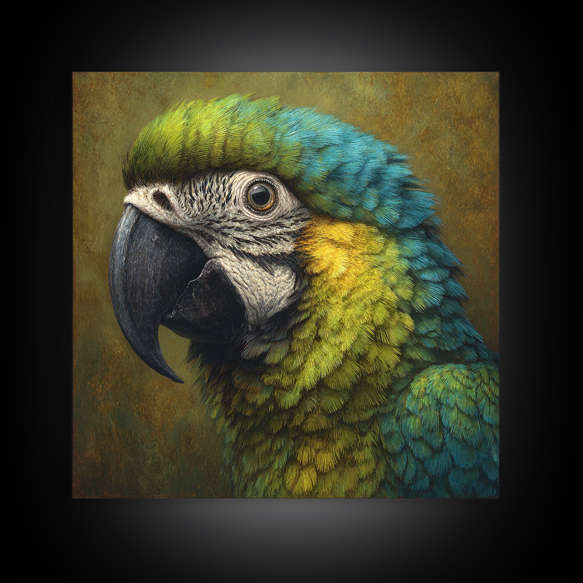 Parrot Portrait with Emerald Feathers Framed Canvas Print, Tropical Art, Printable, Living Room Decor, Fine Art, Tropic, TRO-1x1-8