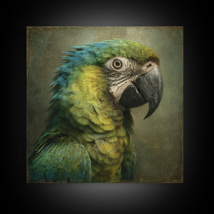 Parrot Portrait with Emerald Feathers Framed Canvas Print, Tropical Art, Fine Art Print, Living Room Decor, Oil Painting, TRO-1x1-80