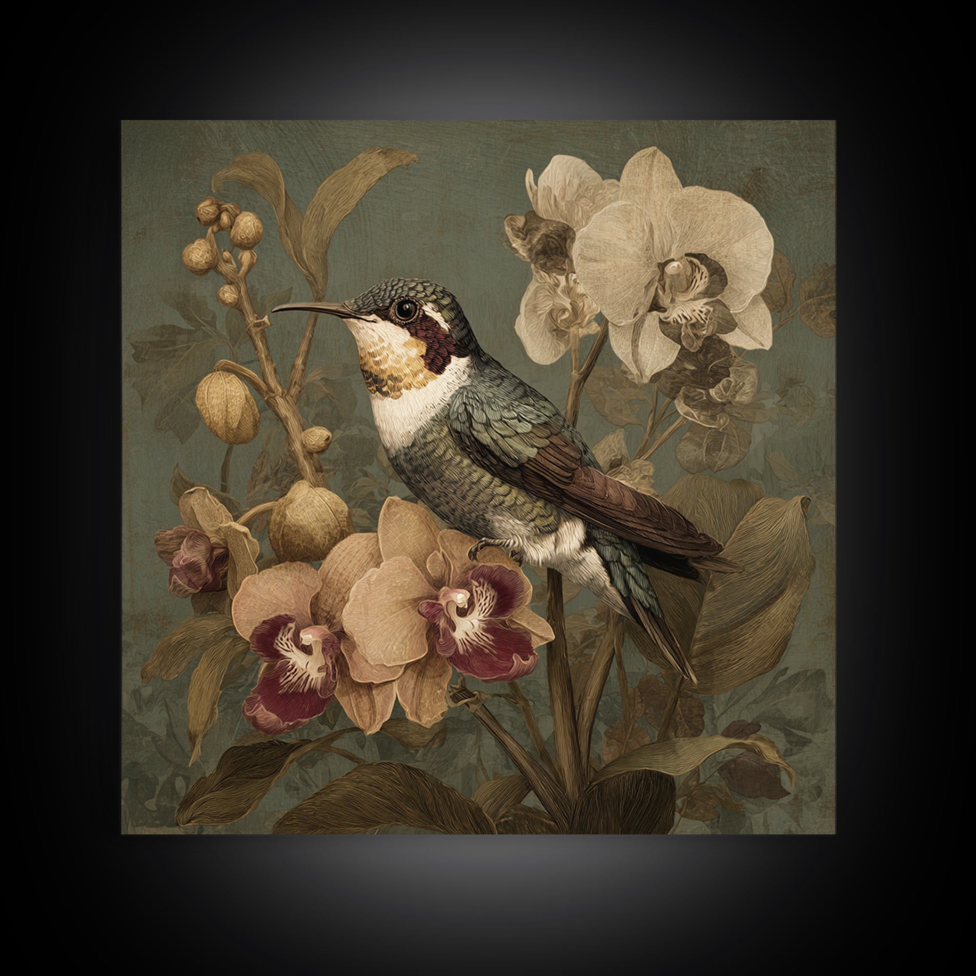 Orchid and Hummingbird Composition Canvas Print, Tropical Art, Boho Decor, Living Room Decor, Oil Painting, Tropic, Art Print, TRO-1x1-82