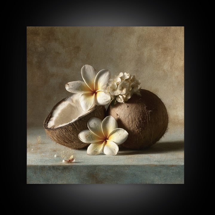Coconut and Plumeria Still Life Framed Canvas Print, Tropical Art, Beach Print, Living Room Decor, Abstract Art, Tropic, TRO-1x1-84