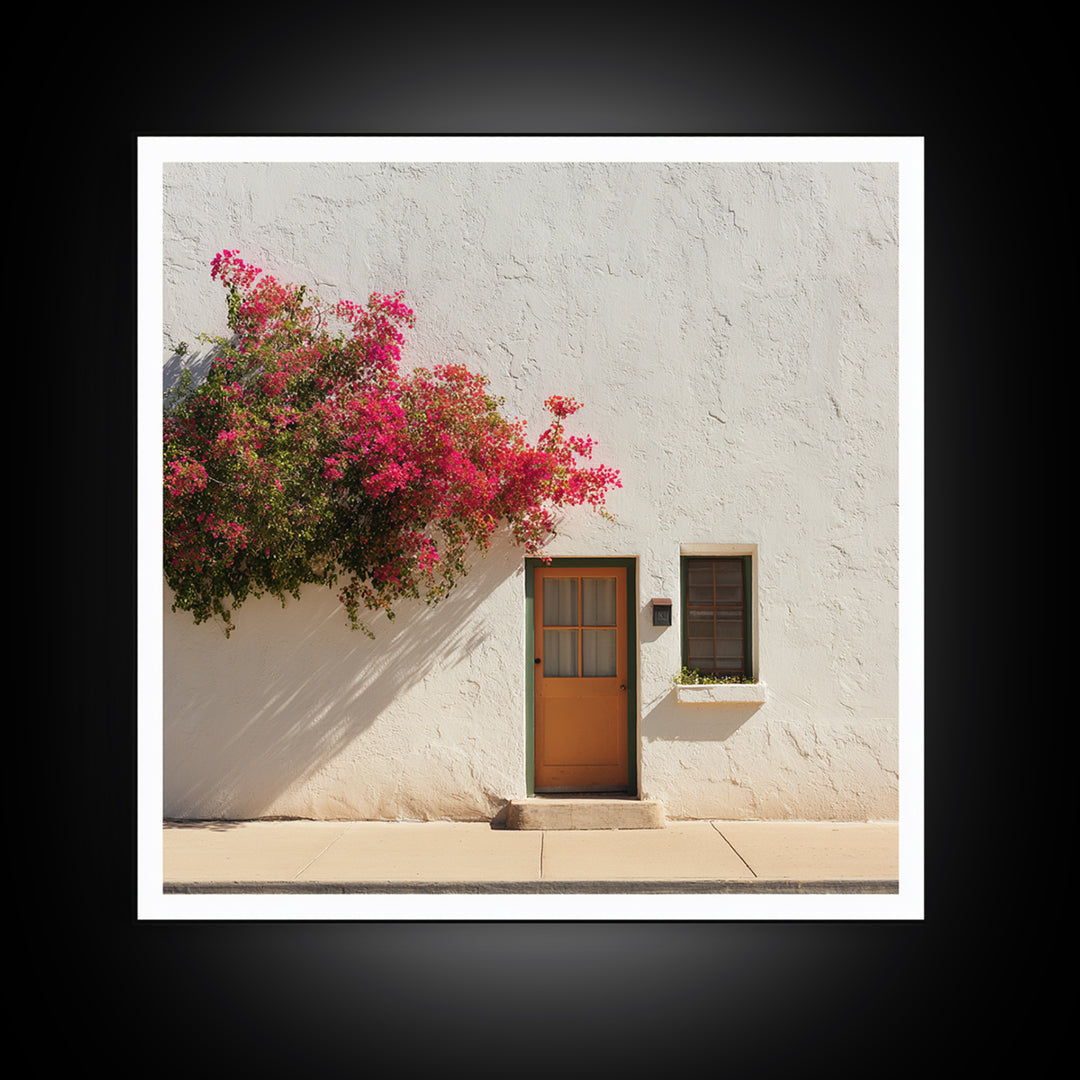 Pink Bougainvillea over White Wall Framed Canvas Print, Tropical Art, Minimalist Decor, Living Room Decor, Fine Art, Tropic, TRO-1x1-88