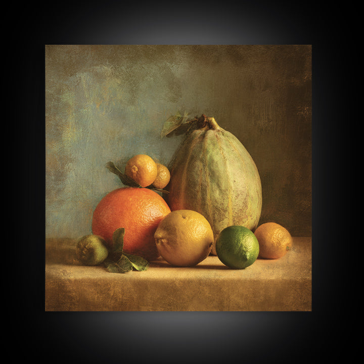 Bright Papaya and Lime Still Life Framed Canvas Print, Tropical Art, Art Print, Living Room Decor, Tropic, Abstract Painting, TRO-1x1-96