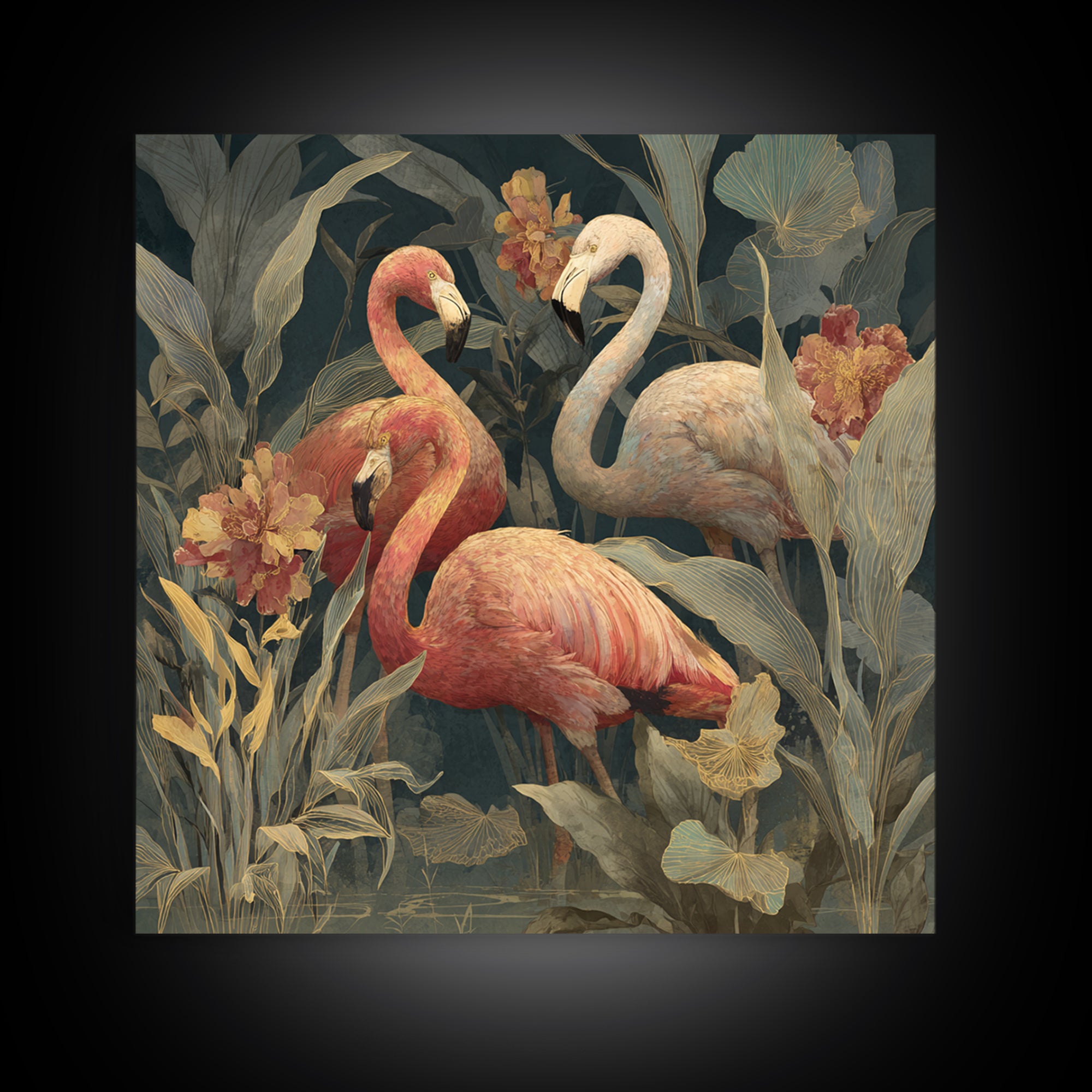 Pink Flamingos Among Tropical Water Plants Canvas Print, Tropical Art, Textured Painting, Living Room Decor, Fine Art, Tropic, TRO-1x1-98