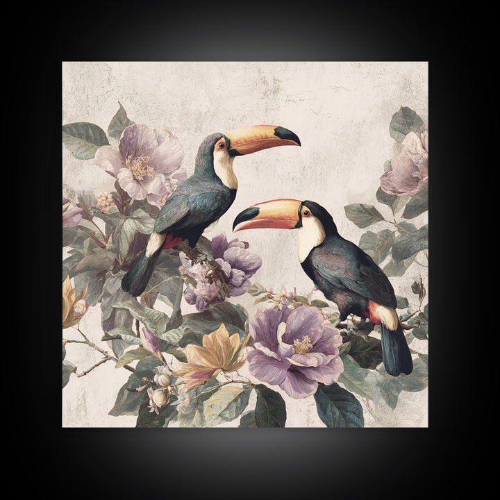 Toucans Surrounded by Bright Jungle Flowers Canvas Print, Tropical Art, Decor, Living Room Decor, Oil Painting, Tropic, TRO-1x1-99