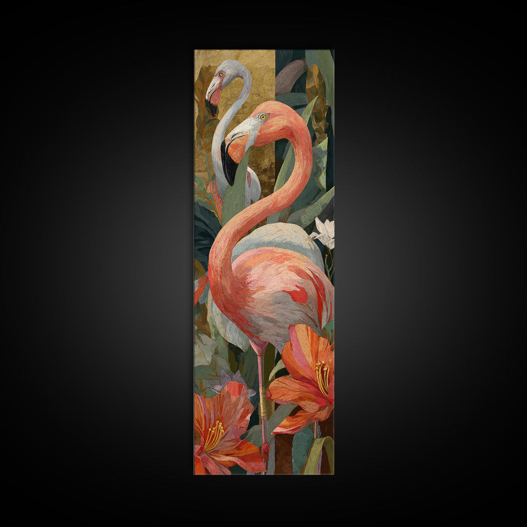Pink Flamingos Among Tropical Water Plants Canvas Print, Tropical Art, Gallery Decor, Living Room Decor, Fine Art, Tropic, TRO-1x3-14