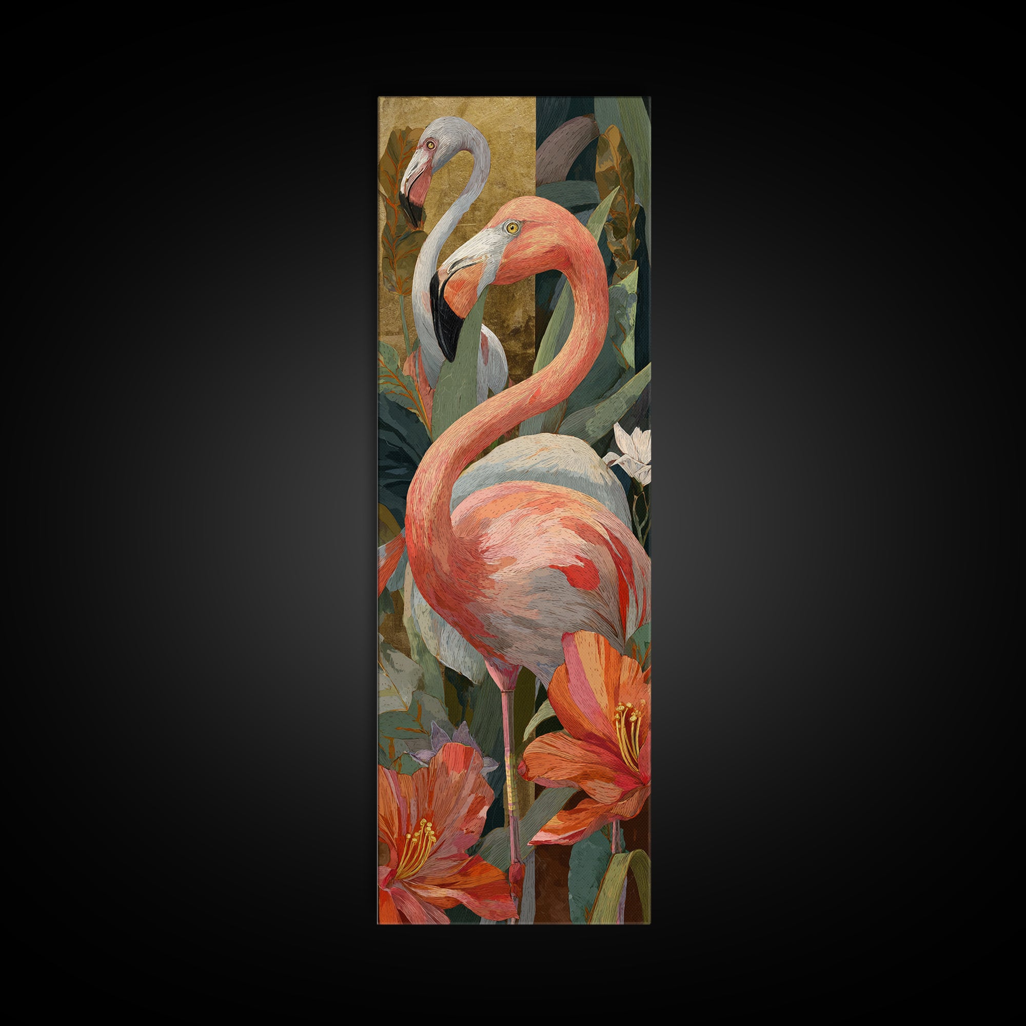 Pink Flamingos Among Tropical Water Plants Canvas Print, Tropical Art, Gallery Decor, Living Room Decor, Fine Art, Tropic, TRO-1x3-14