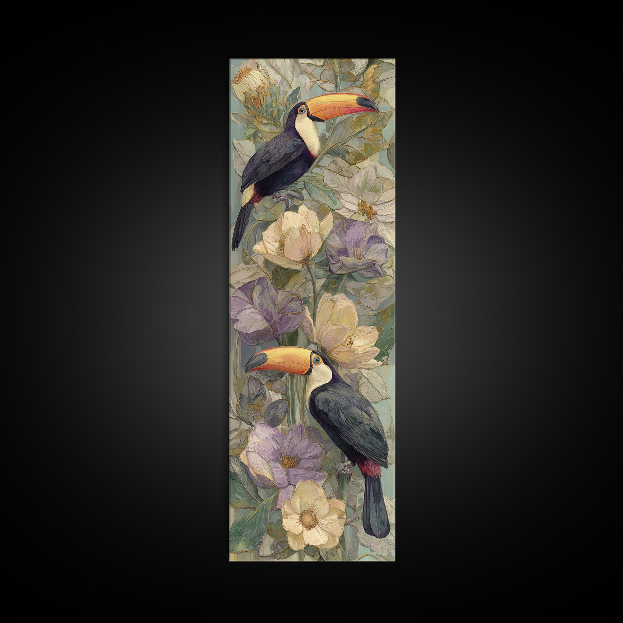 Toucans Surrounded by Bright Jungle Flowers Framed Canvas Print, Tropical Art, Printable Art, Living Room Decor, Tropic, TRO-1x3-15