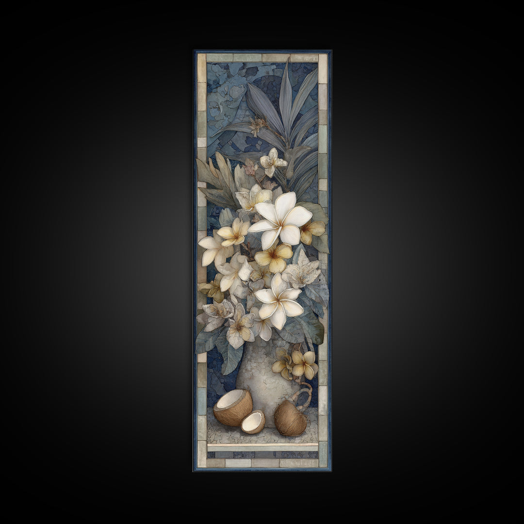 Coconut and Plumeria Still Life Framed Canvas Print, Tropical Art, Decor, Living Room Decor, Fine Art, Tropic, Bird Art, TRO-1x3-24