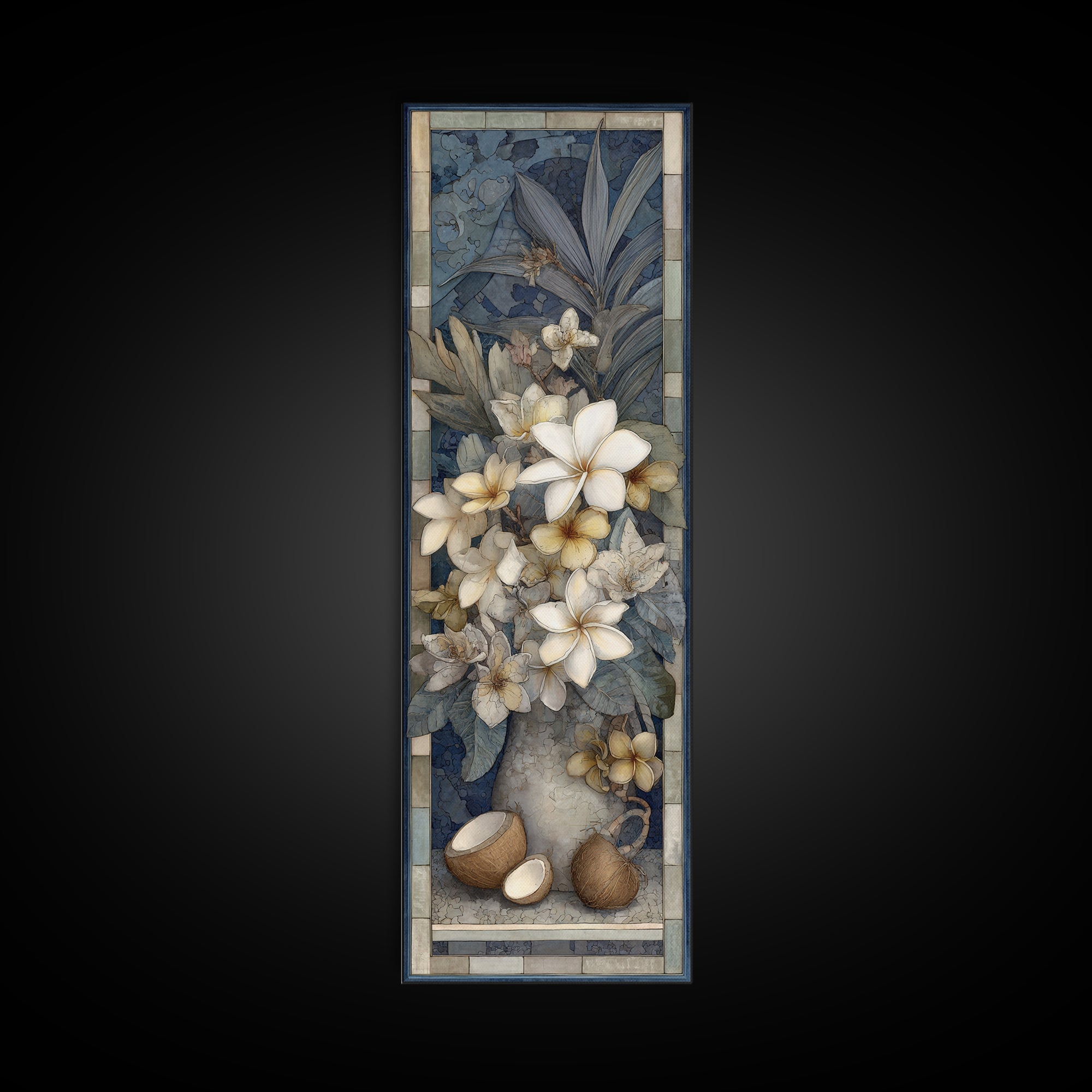 Coconut and Plumeria Still Life Framed Canvas Print, Tropical Art, Decor, Living Room Decor, Fine Art, Tropic, Bird Art, TRO-1x3-24