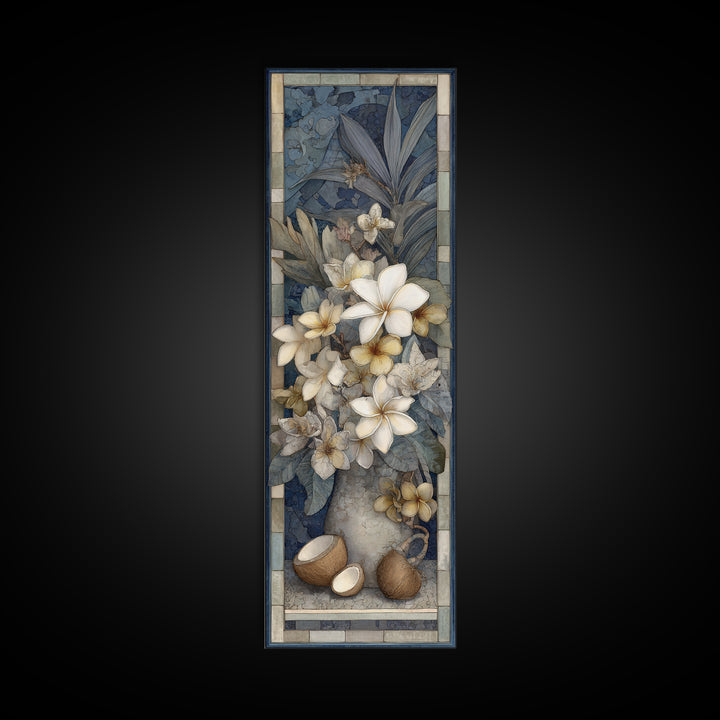 Coconut and Plumeria Still Life Framed Canvas Print, Tropical Art, Decor, Living Room Decor, Fine Art, Tropic, Bird Art, TRO-1x3-24