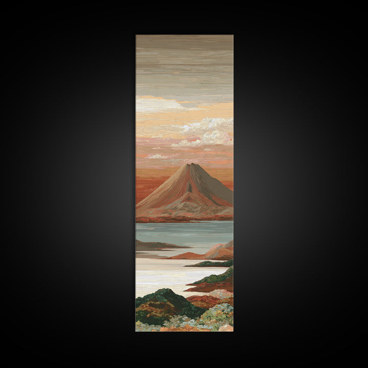 Island Volcano with Lush Foreground Framed Canvas Print, Tropical Art, Textured Painting, Living Room Decor, Fine Art, Tropic, TRO-1x3-29