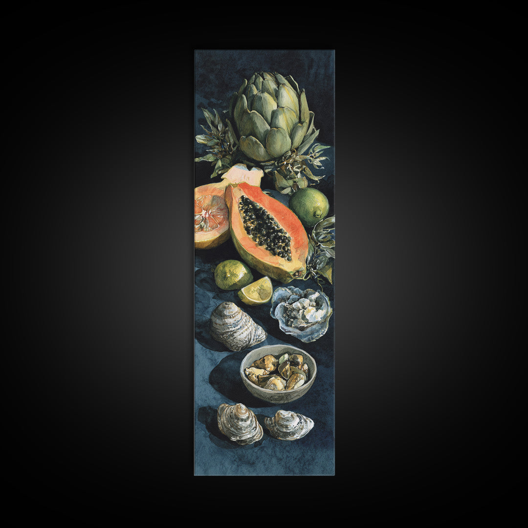 Bright Papaya and Lime Still Life Framed Canvas Print, Tropical Art, Art Print, Living Room Decor, Tropic, Abstract Painting, TRO-1x3-36