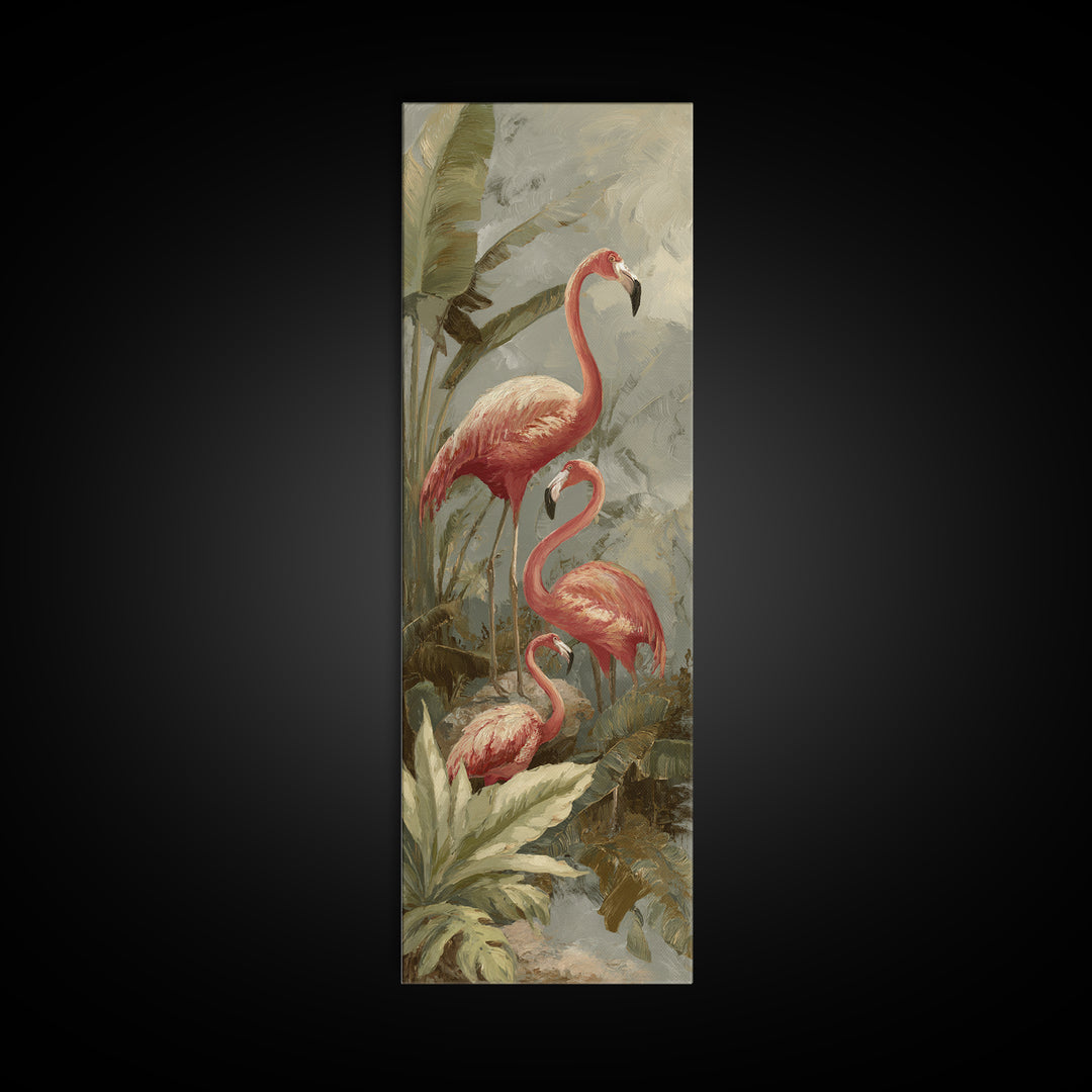 Pink Flamingos Among Tropical Water Plants Canvas Print, Tropical Art, Gallery Decor, Living Room Decor, Fine Art, Tropic, TRO-1x3-38