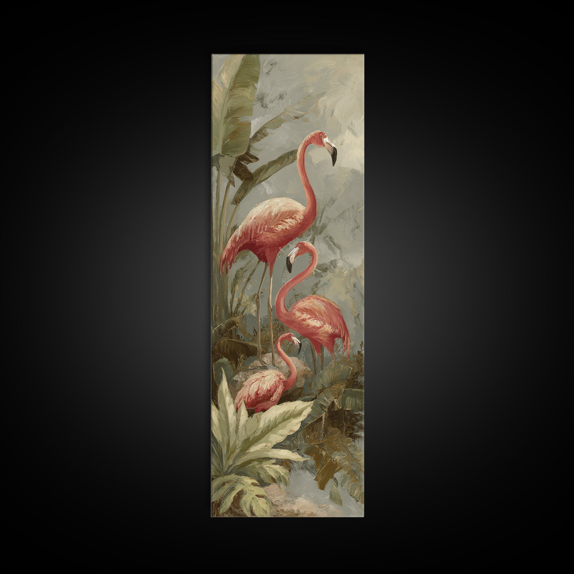 Pink Flamingos Among Tropical Water Plants Canvas Print, Tropical Art, Gallery Decor, Living Room Decor, Fine Art, Tropic, TRO-1x3-38