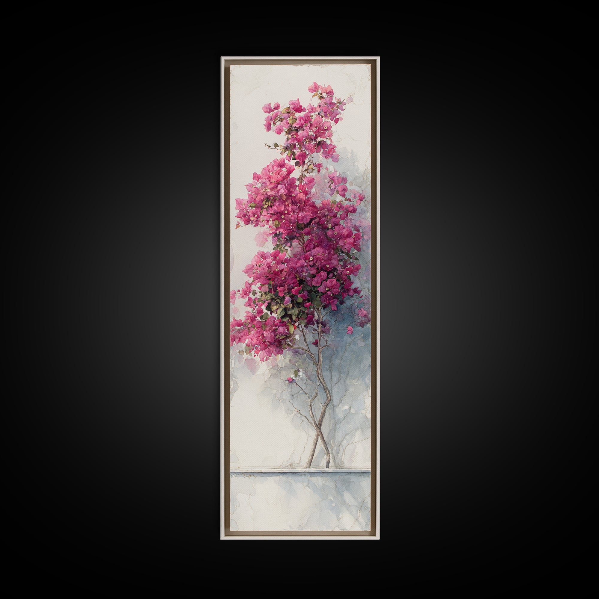 Pink Bougainvillea over White Wall Framed Canvas Print, Tropical Art, Wall Art Prints, Living Room Decor, Fine Art, Tropic, TRO-1x3-52