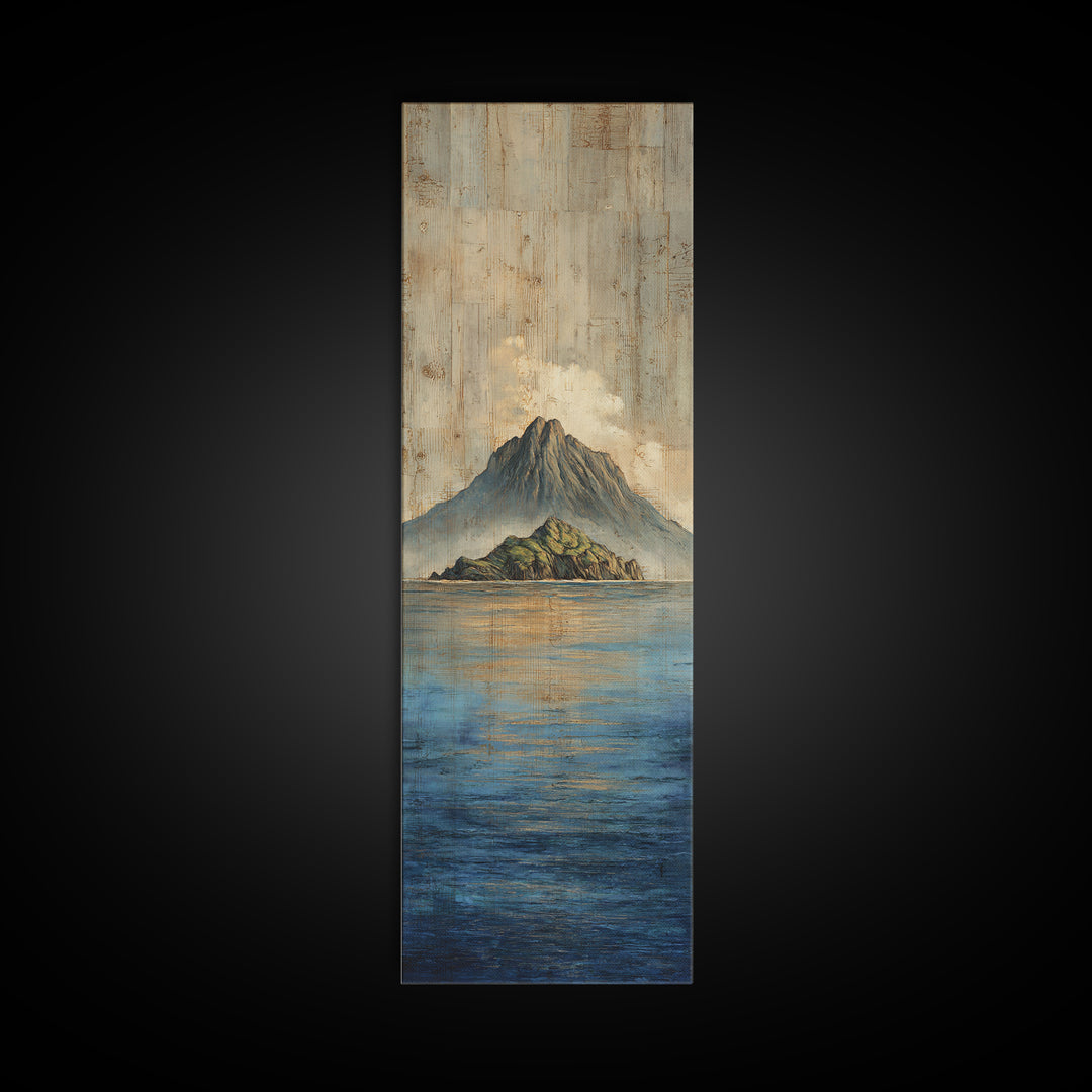 Island Volcano with Lush Foreground Framed Canvas Print, Tropical Art, Textured Painting, Living Room Decor, Fine Art, Tropic, TRO-1x3-53