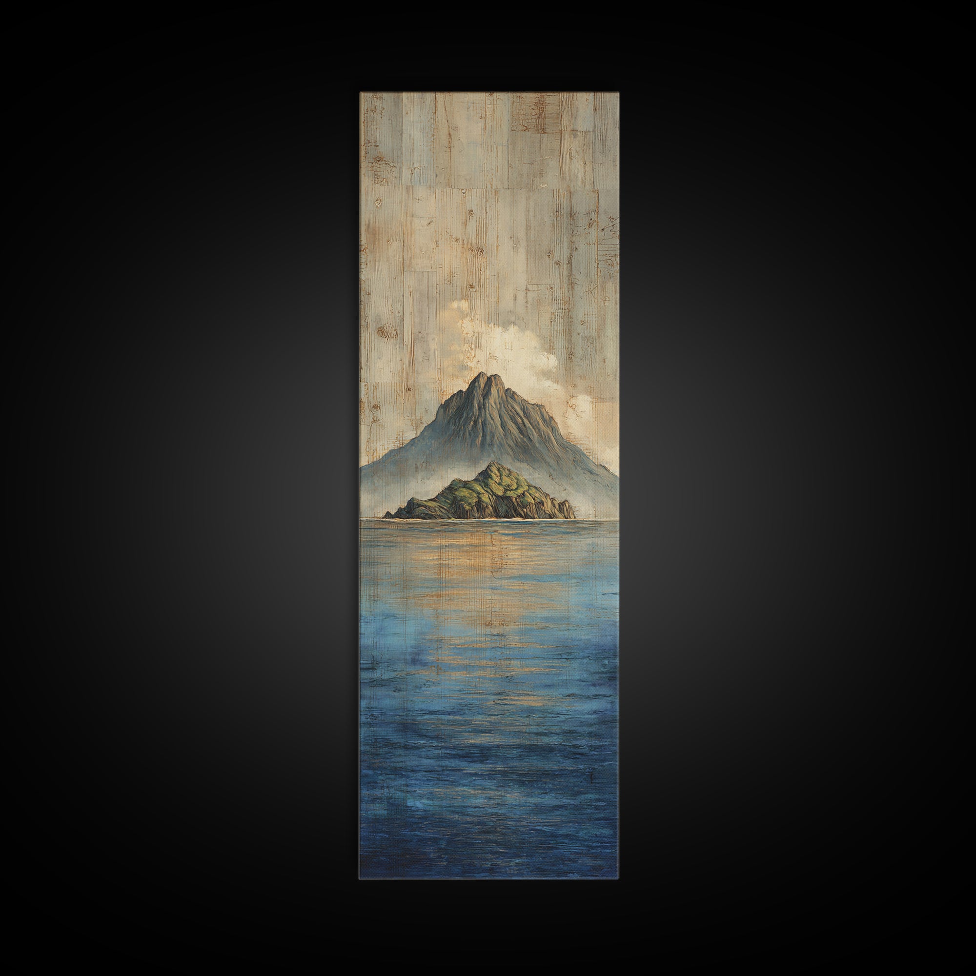 Island Volcano with Lush Foreground Framed Canvas Print, Tropical Art, Textured Painting, Living Room Decor, Fine Art, Tropic, TRO-1x3-53