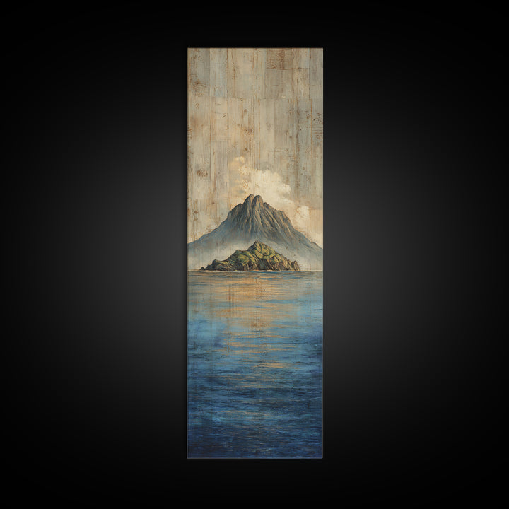 Island Volcano with Lush Foreground Framed Canvas Print, Tropical Art, Textured Painting, Living Room Decor, Fine Art, Tropic, TRO-1x3-53