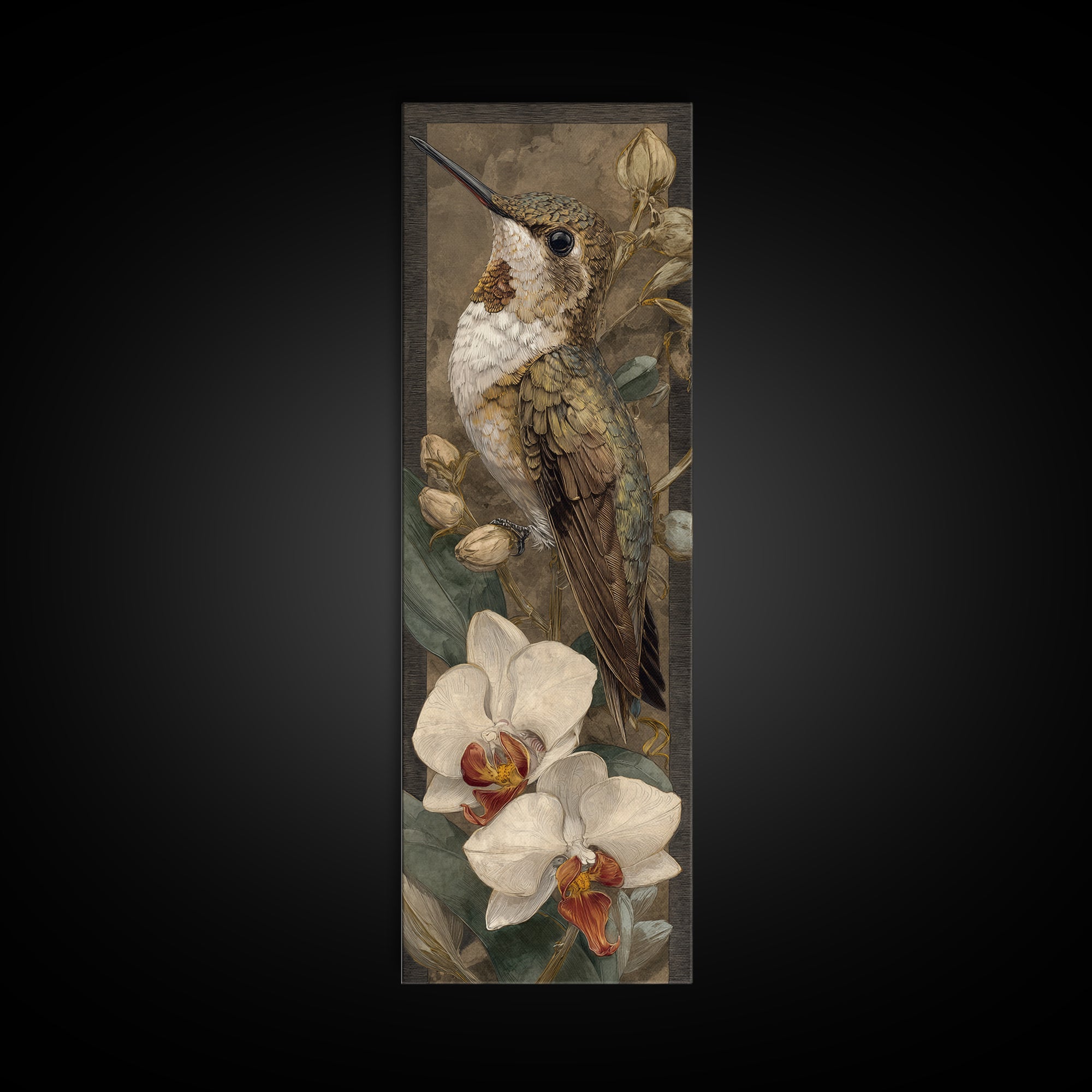 Orchid and Hummingbird Composition Framed Canvas Print, Tropical Art, Modern Decor, Living Room Decor, Fine Art, Tropic, TRO-1x3-70