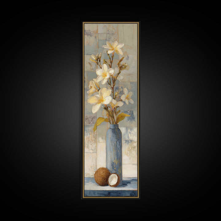 Coconut and Plumeria Still Life Canvas Print, Tropical Art, Coastal Decor, Living Room Decor, Fine Art, Tropic, Modern Decor, TRO-1x3-72