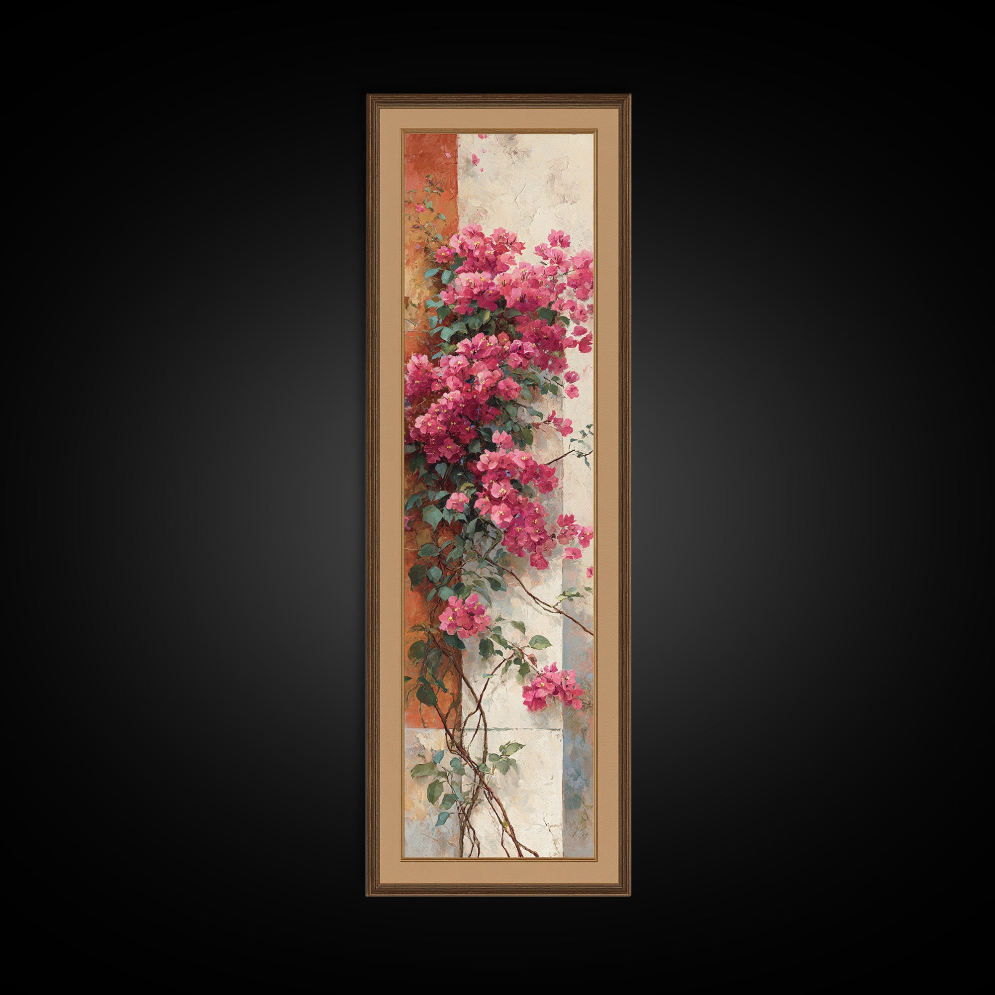 Pink Bougainvillea over White Wall Framed Canvas Print, Tropical Art, Beach Decor, Living Room Decor, Oil Painting, Tropic, TRO-1x3-76