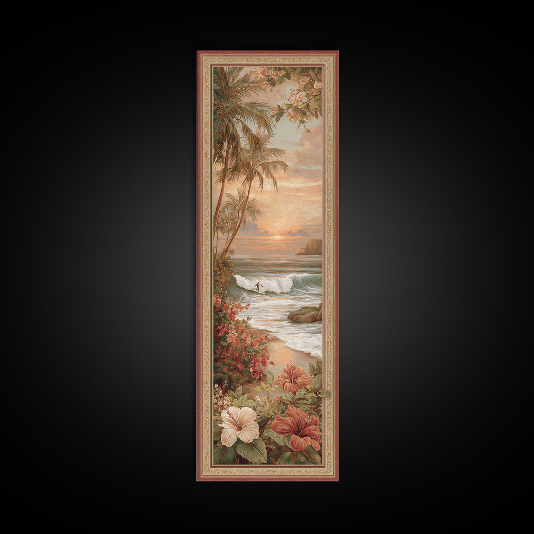 Sunset Surf Scene Canvas Print, Tropical Art, Boho Decor, Living Room Decor, Oil Painting, Tropic, Art Print, Digital Art, TRO-1x3-82