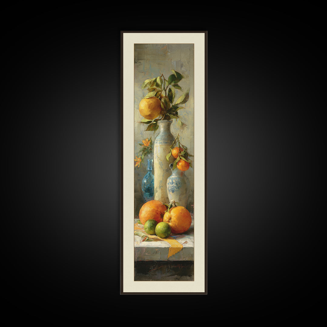 Bright Papaya and Lime Still Life Framed Canvas Print, Tropical Art, Coastal Wall Art, Living Room Decor, Fine Art, Tropic, TRO-1x3-84