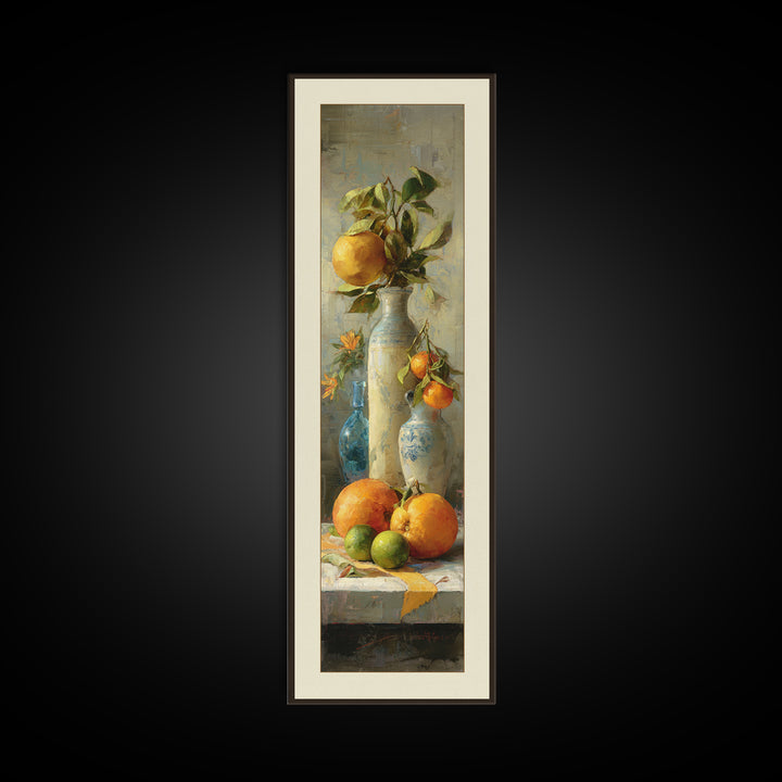 Bright Papaya and Lime Still Life Framed Canvas Print, Tropical Art, Coastal Wall Art, Living Room Decor, Fine Art, Tropic, TRO-1x3-84