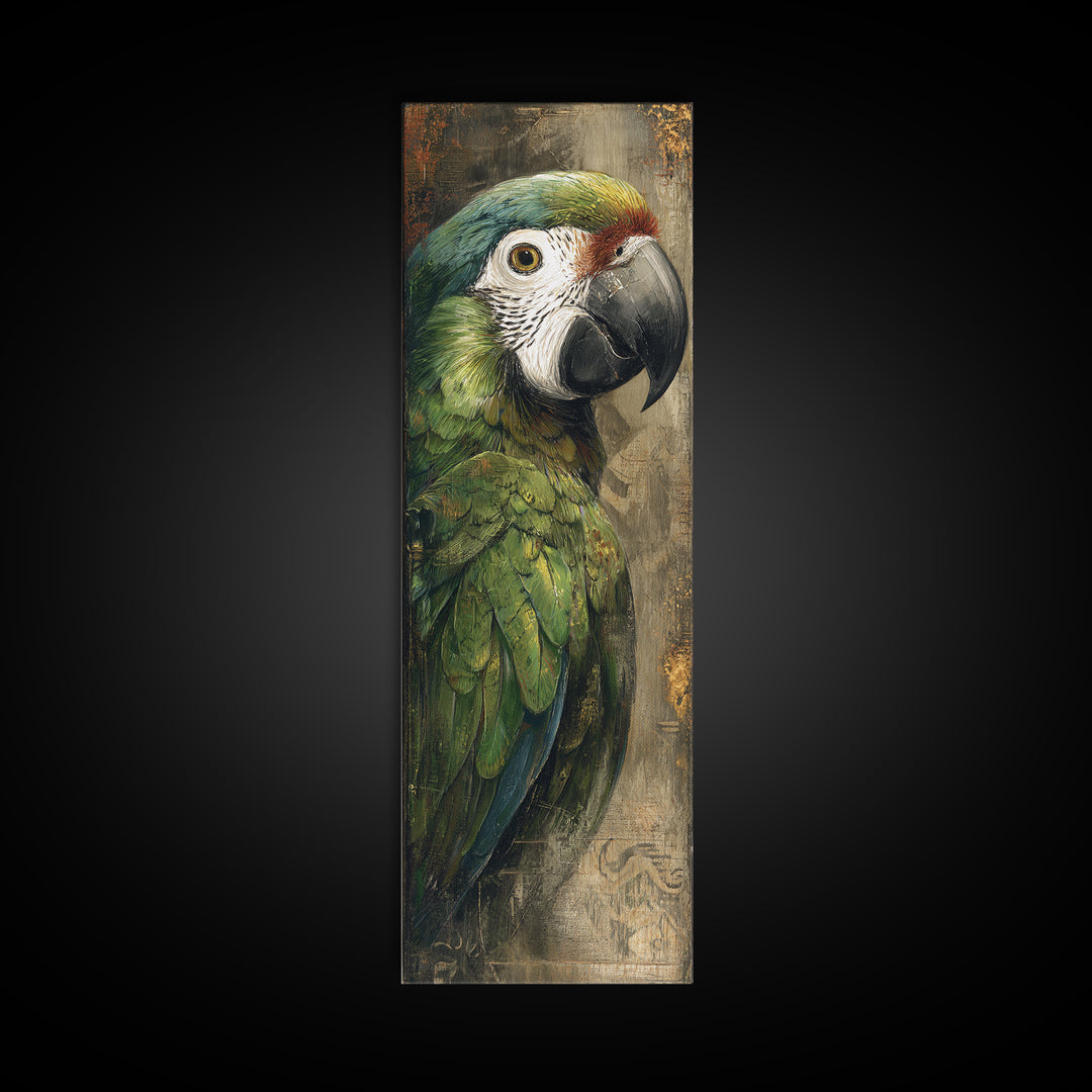 Parrot Portrait with Emerald Feathers Framed Canvas Print, Tropical Art, Coastal Art, Living Room Decor, Fine Art, Tropic, TRO-1x3-92