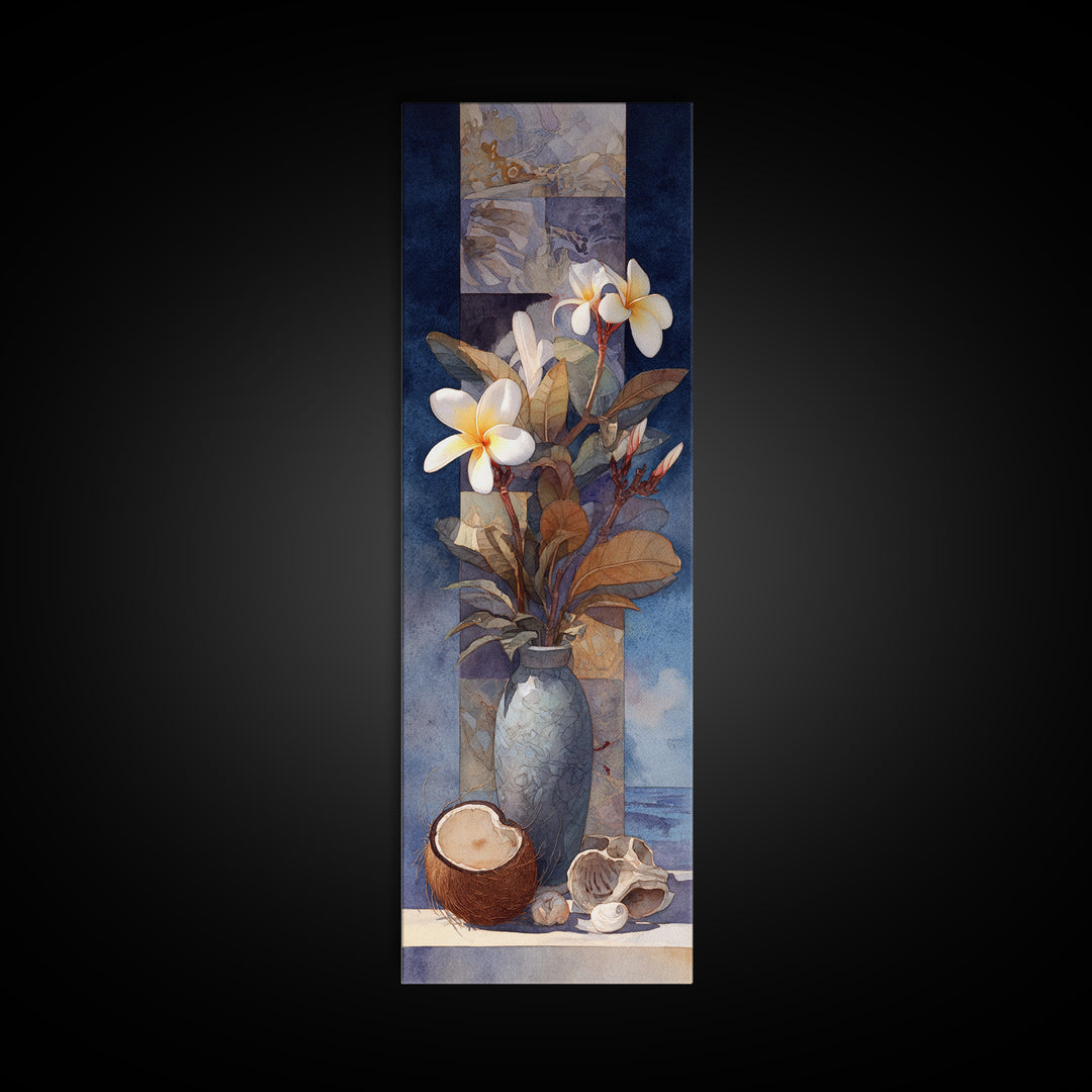 Coconut and Plumeria Still Life Framed Canvas Print, Tropical Art, Beach Print, Living Room Decor, Abstract Art, Tropic, TRO-1x3-96