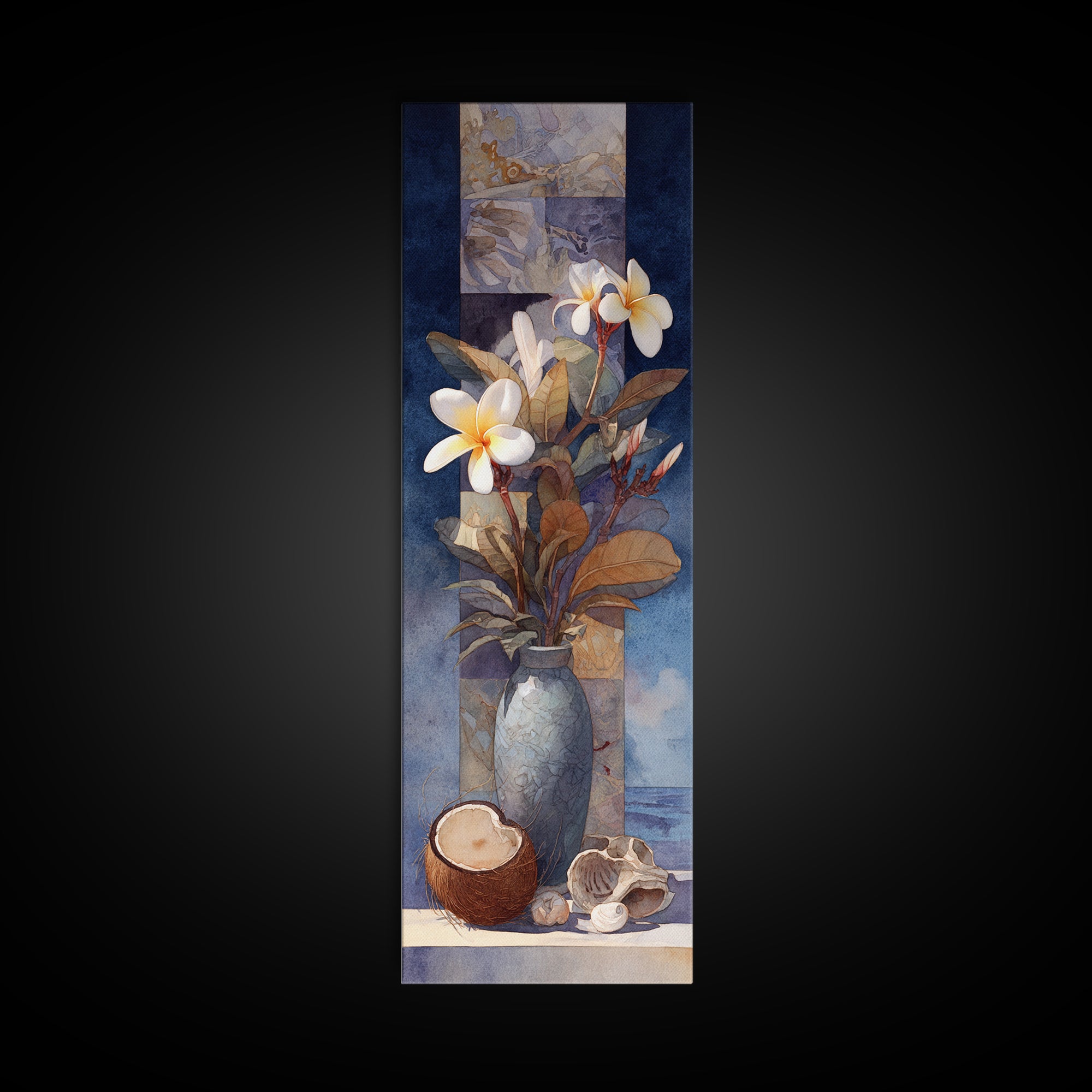 Coconut and Plumeria Still Life Framed Canvas Print, Tropical Art, Beach Print, Living Room Decor, Abstract Art, Tropic, TRO-1x3-96
