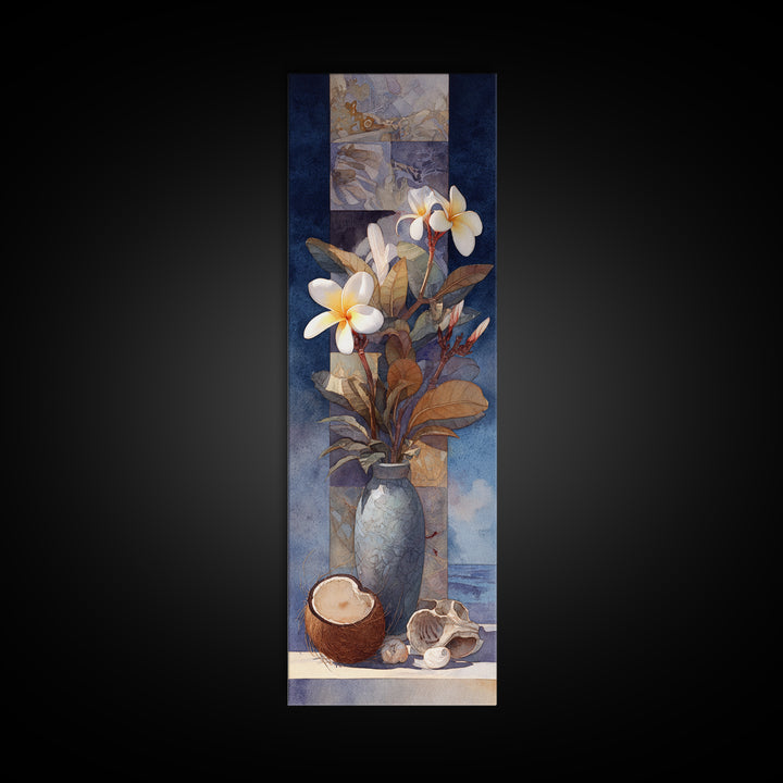 Coconut and Plumeria Still Life Framed Canvas Print, Tropical Art, Beach Print, Living Room Decor, Abstract Art, Tropic, TRO-1x3-96