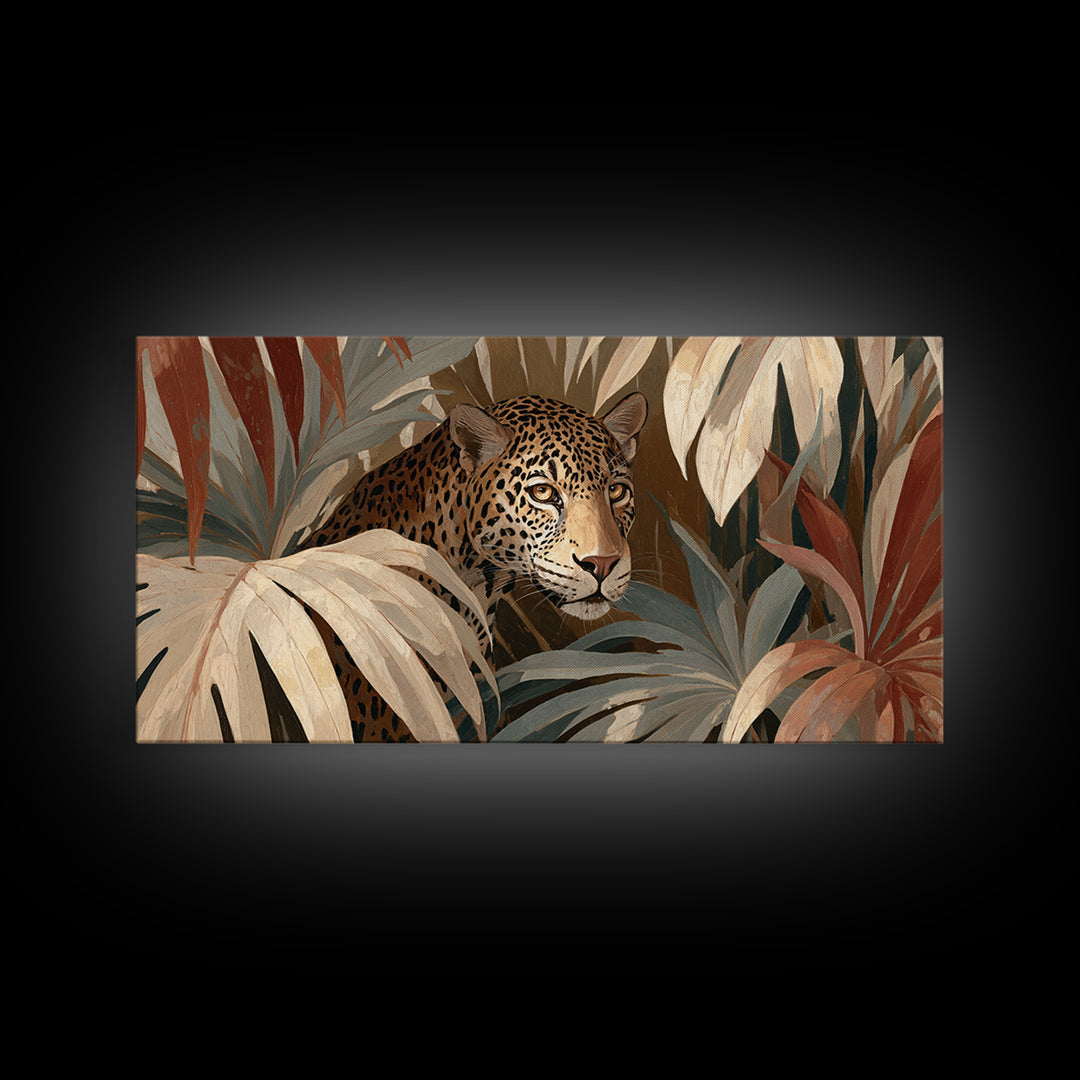 Leopard Hidden Among Palm Leaves Framed Canvas Print, Tropical Art, Contemporary Art, Living Room Decor, Fine Art, Tropic, TRO-2x1-10