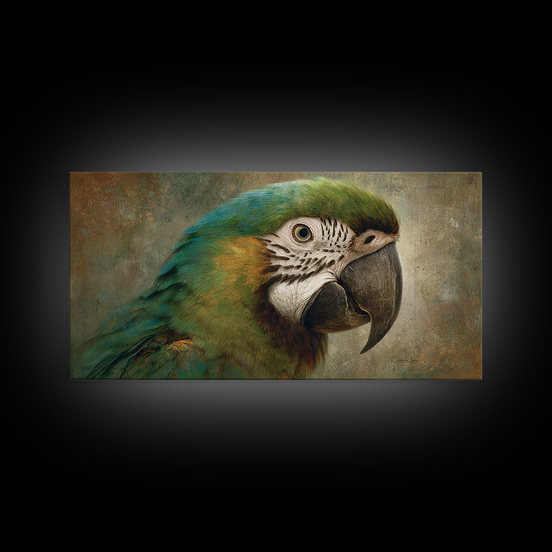 Parrot Portrait with Emerald Feathers Framed Canvas Print, Tropical Art, Beach Wall Art, Living Room Decor, Fine Art, Tropic, TRO-2x1-100