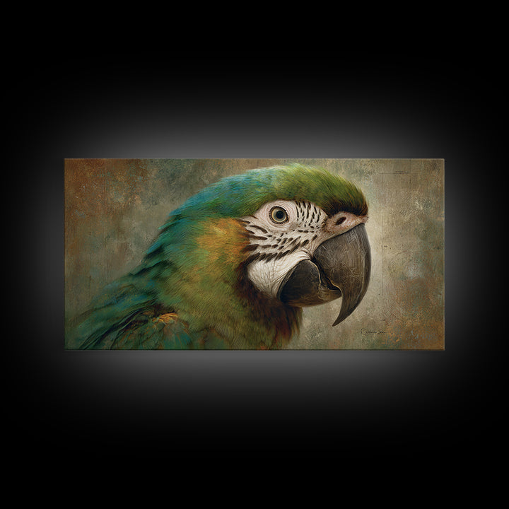 Parrot Portrait with Emerald Feathers Framed Canvas Print, Tropical Art, Beach Wall Art, Living Room Decor, Fine Art, Tropic, TRO-2x1-100