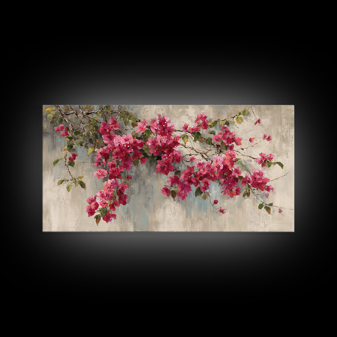 Pink Bougainvillea over White Wall Framed Canvas Print, Tropical Art, Room Decor, Living Room Decor, Fine Art, Tropic, TRO-2x1-12